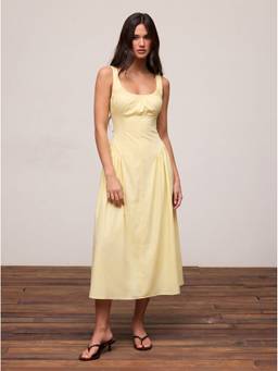 Cider - Cotton Women's Regular Fit Scoop Neck A-Line Midi Dress Yellow