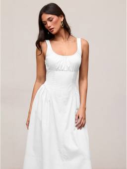 Cider - Cotton Women's Sleeveless Scoop Neck A-Line Midi Dress White