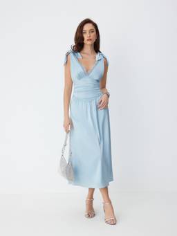 Cider - Satin Lace Trim Women V-Neck Sleeveless Flared Maxi Dress Blue