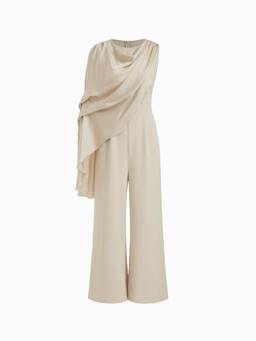 Cider - Draped Cape Women’s Round Neck Wide-Leg Jumpsuit Cream