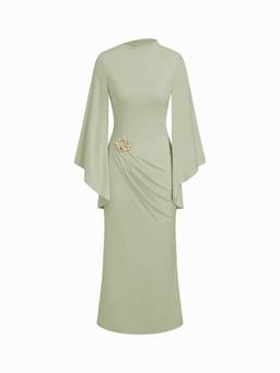 Cider - Women's High Neck Cloak Sleeve Wrap Bodycon Maxi Dress Green