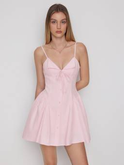 Cider - Textured Cotton Women's V-Neck Knotted Flared Mini Dress Pink