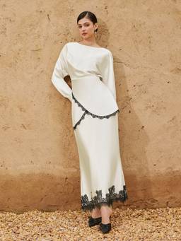 Cider - Satin Draped Women's Lace Trim Skirt Set Beige