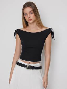 Cider - Colorblock Women Off-Shoulder Short Sleeve Top Black