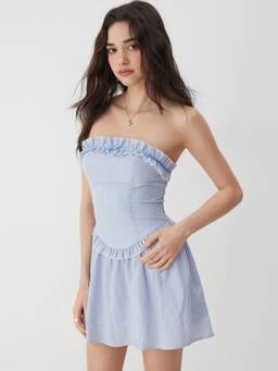 Cider - Women's Striped Ruffled Shirred Bandeau Playsuit Blue