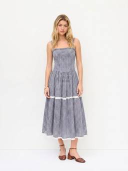 Cider - Cotton Blend Women’s Gingham Square Neck Ruched Maxi Dress Navy Blue