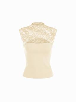 Cider - Lace Women's Cut-Out High Neck Sleeveless Top Beige