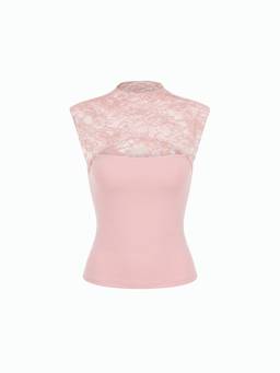 Cider - Lace Women's Cut-Out High Neck Sleeveless Top Pink
