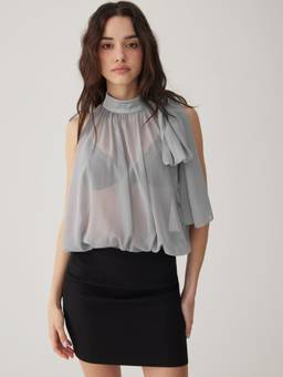 Cider - Chiffon Women Scarf Detail Asymmetrical Neck Bodysuit Grey