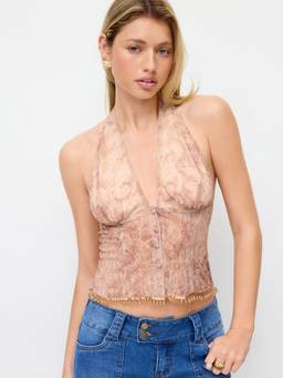 Cider - Tile Print Women's Halter Neck Fringe Hem Crop Blouse Brown