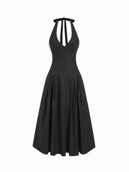 Cider - Linen-Blend Women's V-Neck Halter Flared Maxi Dress Black