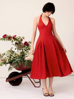 Cider - Linen Blend Women’s V-Neck Halter Flared Maxi Dress Red
