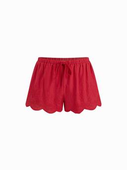 Cider - Lace Women's Mid-Waist Drawstring Scallop Hem Shorts Red