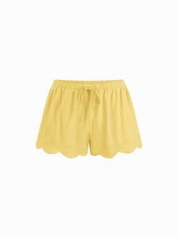Cider - Lace Women's Mid-Waist Drawstring Scallop Hem Shorts Yellow