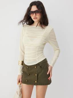Cider - Textured Women’s Ruched Boat Neck Long Sleeve Tee Beige
