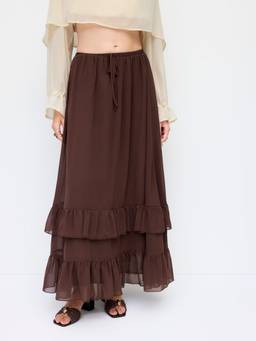Cider - Chiffon Women's Mid-Rise Drawstring Ruffled Tiered Maxi Skirt Brown