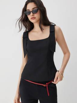 Cider - Linen-Blend Women’s Square Neck Bowknot Blouse Black
