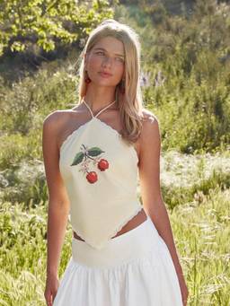 Cider - Linen Blend Women Cherry Embroidered Halter Neck Top Yellow