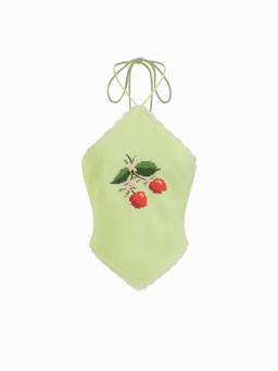 Cider - Linen Blend Women Cherry Embroidered Halter Neck Top Pale Green