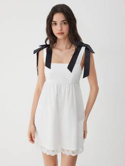 Cider - Cotton Women's Square Neck Bow Strap A-Line Mini Dress White