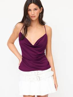 Cider - Beaded Detail Women Cowl Neck Sleeveless Cami Top Purple