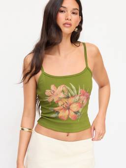 Cider - Cotton Blend Women Floral Rhinestone Cami Top Green