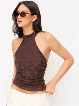 Cider - Lace Women's Ruched Halter Neck Crop Top Brown