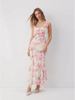 Cider - Mesh Floral Women's Ruffled Cami Bodycon Maxi Dress Pink