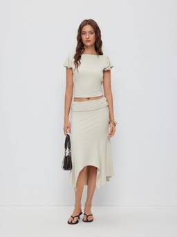 Cider - Ruffled Sleeve Women's Backless Crop Top Skirt Set Beige
