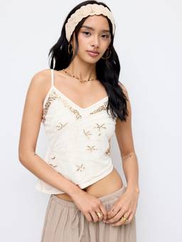 Cider - Embroidered Starfish Women's V-Neck Crop Cami Top Beige