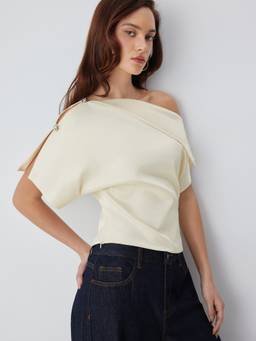 Cider - Satin Women's Asymmetrical Neck Metal Detail Blouse Beige