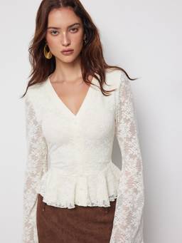 Cider - Lace V-Neck Women Bell Sleeve Ruffle Hem Blouse Cream