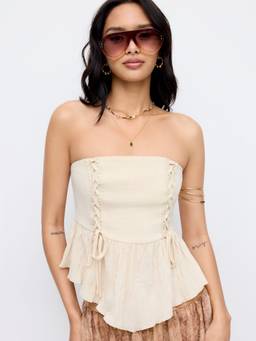 Cider - Cotton Blend Women Ruched Lace-Up Strapless Peplum Crop Top Khaki
