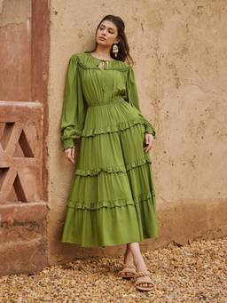 Cider - Round Neck Women Puff Sleeve Ruffled Tiered Maxi Dress Green