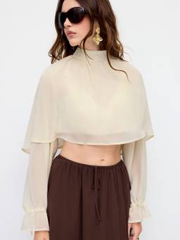 Cider - Chiffon Women's Sheer Ruffled High Neck Crop Blouse Beige