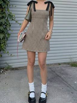 Cider - Cotton Blend Women’s Gingham Bow Strap A-Line Mini Dress Brown