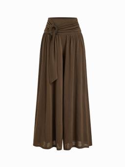 Cider - O-Ring Belted Women's Mid-Waist Ruched Palazzo Pants Coffee