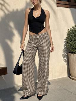 Cider - Jacquard Women's Low Waist Checks Straight Leg Trousers Brown