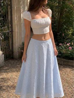 Cider - Jacquard Broderie Anglaise Women A-Line Mid Waist Maxi Skirt Blue