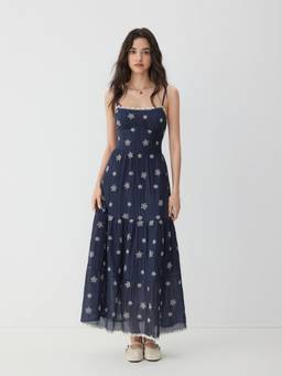 Cider - Embroidered Women's Floral Tiered Lace Trim Maxi Dress Navy Blue