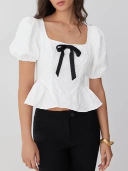 Cider - Jacquard Women's Square Neck Puff Sleeve Peplum Blouse White