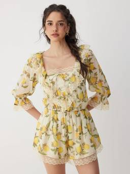 Cider - Chiffon Fruit Print Women's Square Neck Lace Playsuit Multi-Color