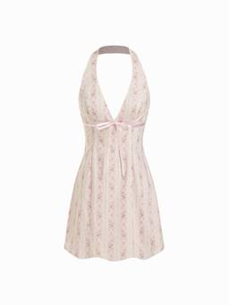 Cider - Cotton Floral Women's Halter Neck Bow A-Line Mini Dress Pink