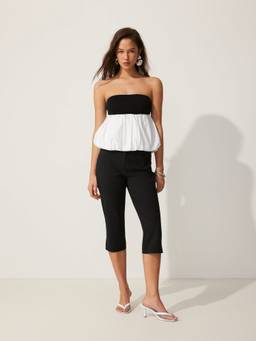 Cider - Color-Blocked Women Strapless Bubble Hem Crop Top White