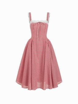 Cider - Cotton Blend Women Lace-Up Sweetheart Gingham Maxi Dress Red