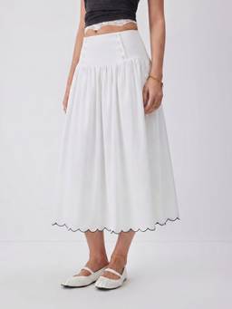 Cider - Linen-Blend Women Low Rise Button Detail Flared Maxi Skirt White