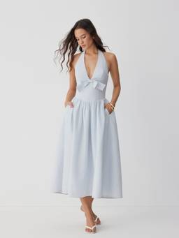 Cider - Cotton Blend Women Striped Halter Neck A-Line Maxi Dress Blue