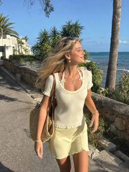 Cider - Knit Floral Women’s Embroidered U-Neck Short Sleeve Top Cream