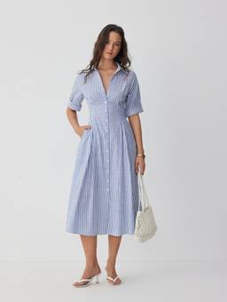 Cider - Cotton Blend Women Striped Shirt Maxi Dress Sky Blue