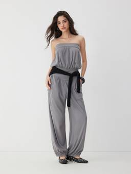 Cider - High Stretch Women Strapless Ribbed Jumpsuit Dark Grey